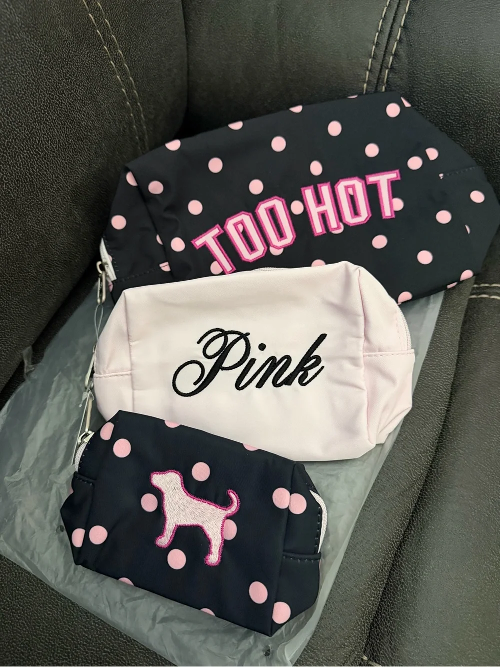 Victoria's Secret Black and  Pink Polka Dot Cosmetic Pouch Set